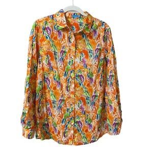 J.McLaughlin orange colorful floral tropical summer toucan button up shirt Large